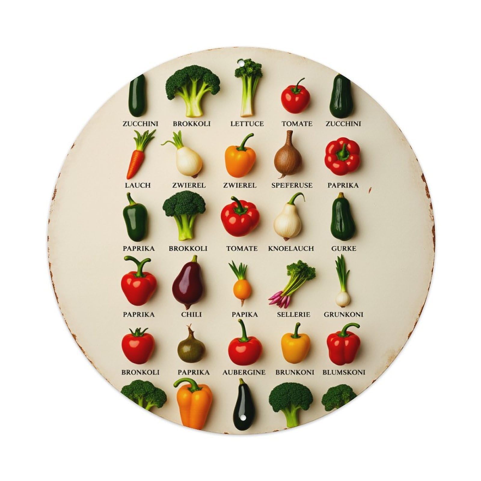 Vegetable Arrangement Circular Pattern Print Round Tin Sign Vintage Metal Poster Retro Bar, Home, Man Cave, Kitchen, Laundry Room Wall Art Decor Gift 8x8Inch