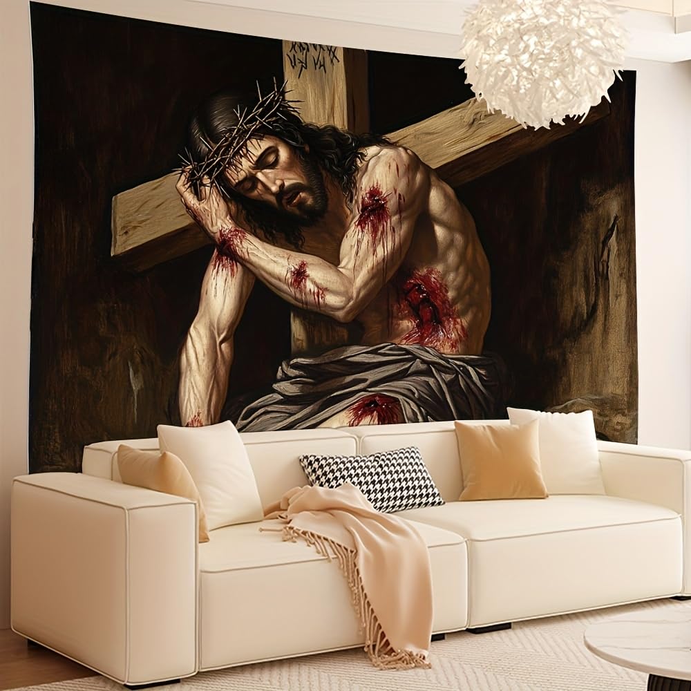 230x150CM Arazzo raffigurante la scena della croce di Gesù, da appendere alla parete in poliestere, per camera da letto, ufficio, dormitorio, decorazioni per feste, con pacchetto di installazione.