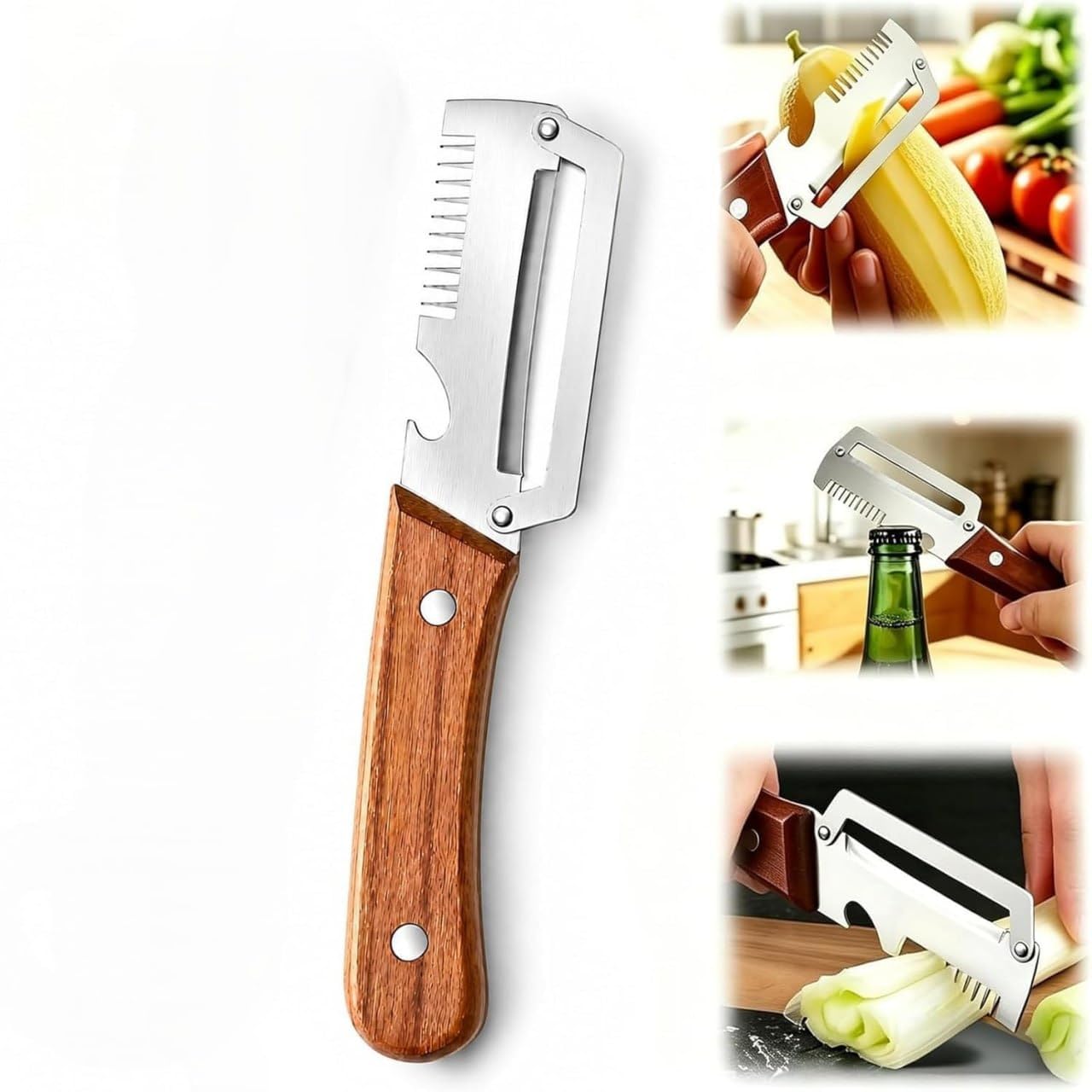 3 in 1 Vegetable Peeler with Wooden Handle & Bottle Opener, Stainless Steel Multifunction Fruit and Vegetable Peeler, Julienne Slicer Cutter for Potato, Carrot, Cucumber, Kitchen Tool-image-11