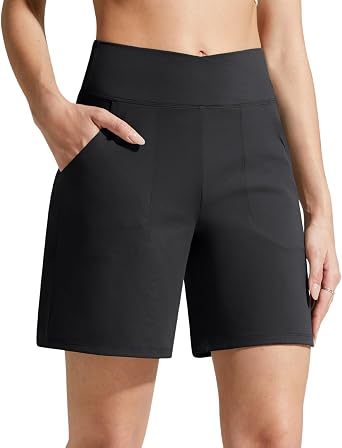 G4Free Evergoing Athletic Shorts for Women with Pockets 6" Cross Waist | Soft Stretchy Fabric, Relaxed Fit, High Waist, Two Side Pockets, for Workout and Casual