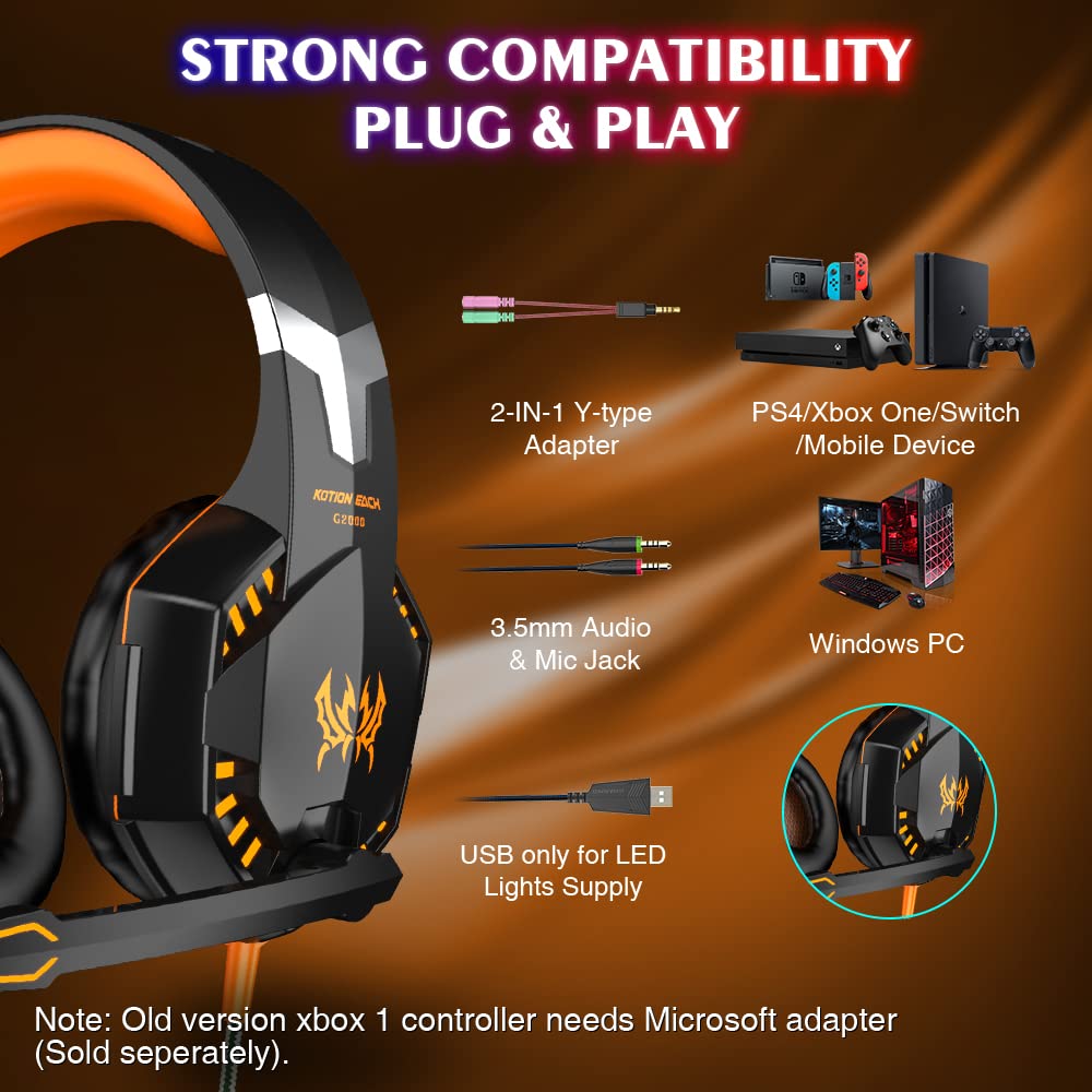 ArkarTech Cuffie Gaming G2000 Con Microfono, Stereo, Luci LED E Regolatore Volume, Per PC E Console