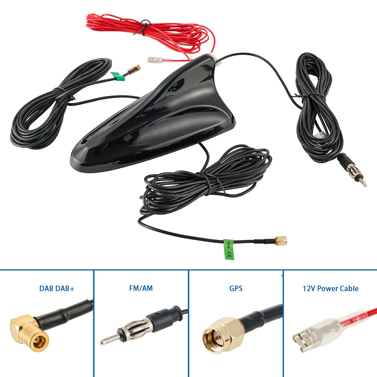 Vecys DAB DAB + Antenna per Auto Pinna di Squalo FM/AM GPS Antenna per Tetto Auto Amplificatore di Segnale Adattatore SMB a SMA a DIN 5m Cavo di Prolunga RG174 per Auto Radio Digitale DAB
