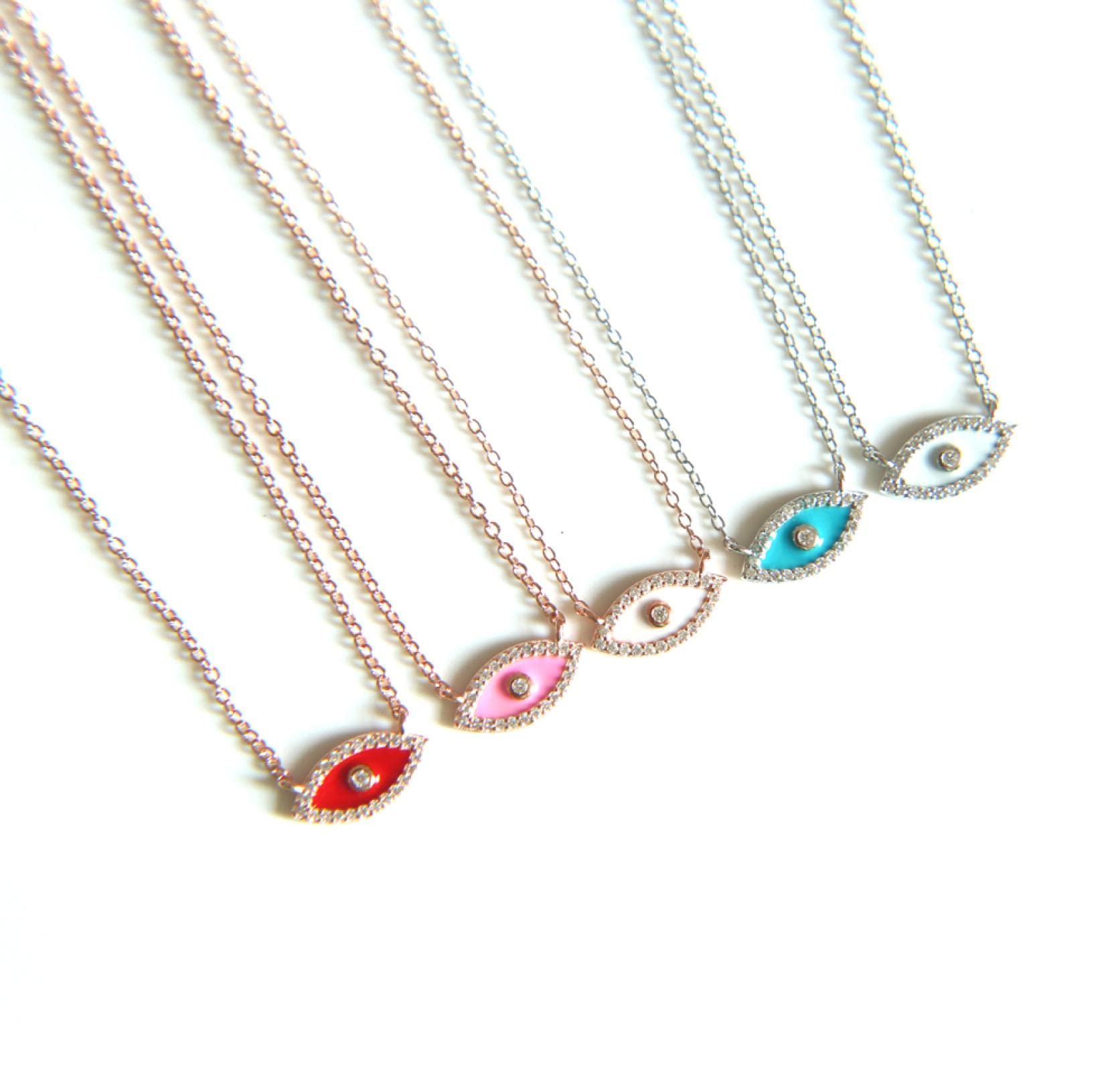 Collar de Boda esmaltado con Conjunto de Colgante de Mal de Ojo Real S925 Collar Turco Delicado para joyería de Regalo de niña (Azul Plateado a)