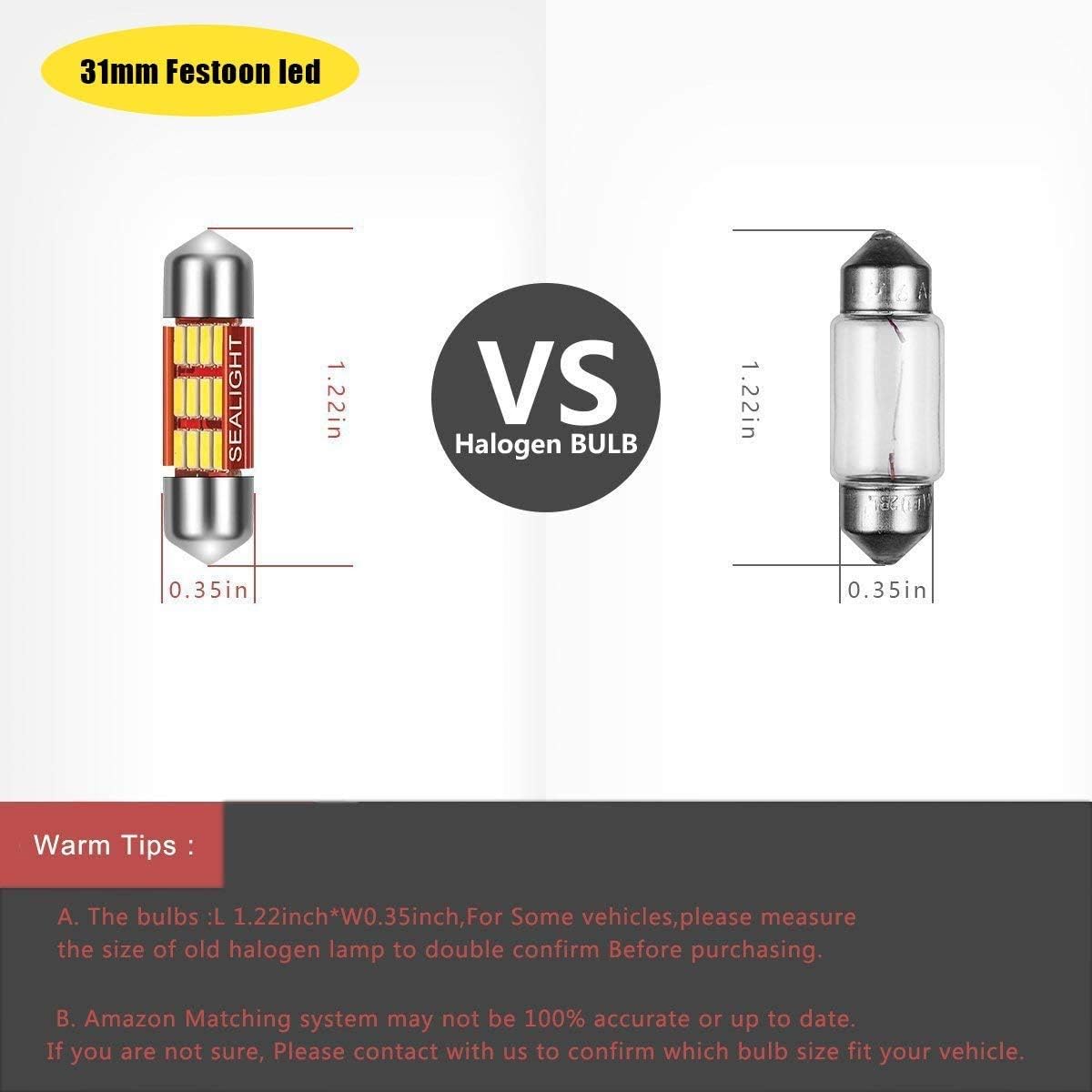 SEALIGHT DE3175 LED Interior Dome Light Map Bulb 4014 Chipset Canbus Error Free DE3021 DE3022 Festoon 31mm Bulbs 6000K White