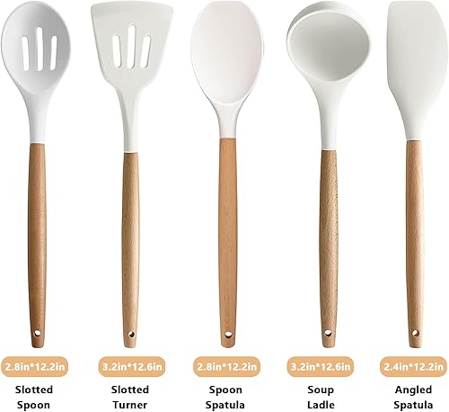 Miniatura 3 de IOCBYHZ Juego de 5 utensilios de cocina de silicona, juego de utensilios de cocina con mango de madera resistente al calor, antiadherente, espátula