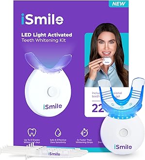 iSmile Teeth Whitening Kit - LED Light, 35% Carbamide Peroxide, (3) 3ml Gel Syringes, (1) Remineralization Gel, and Tray.