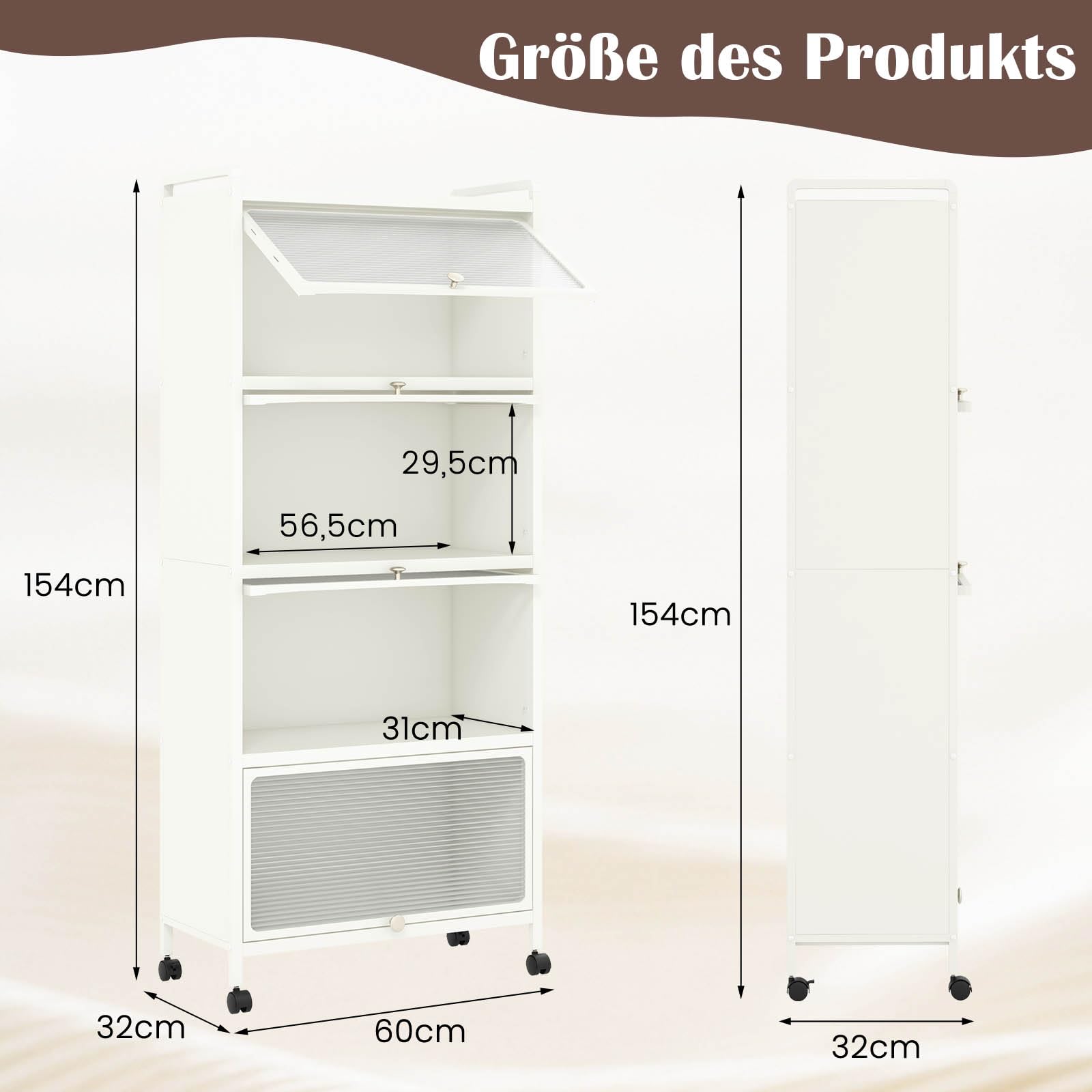 GIANTEX Küchenschrank Vorratsschrank Küche, Küchenregal Stehend auf Rollen, Küchenkommode Küchen Regal 5 Ebenen mit Aufklappbaren PC-Türen, Standregal Hochschrank mit Kippschutz, 60x32x154 cm