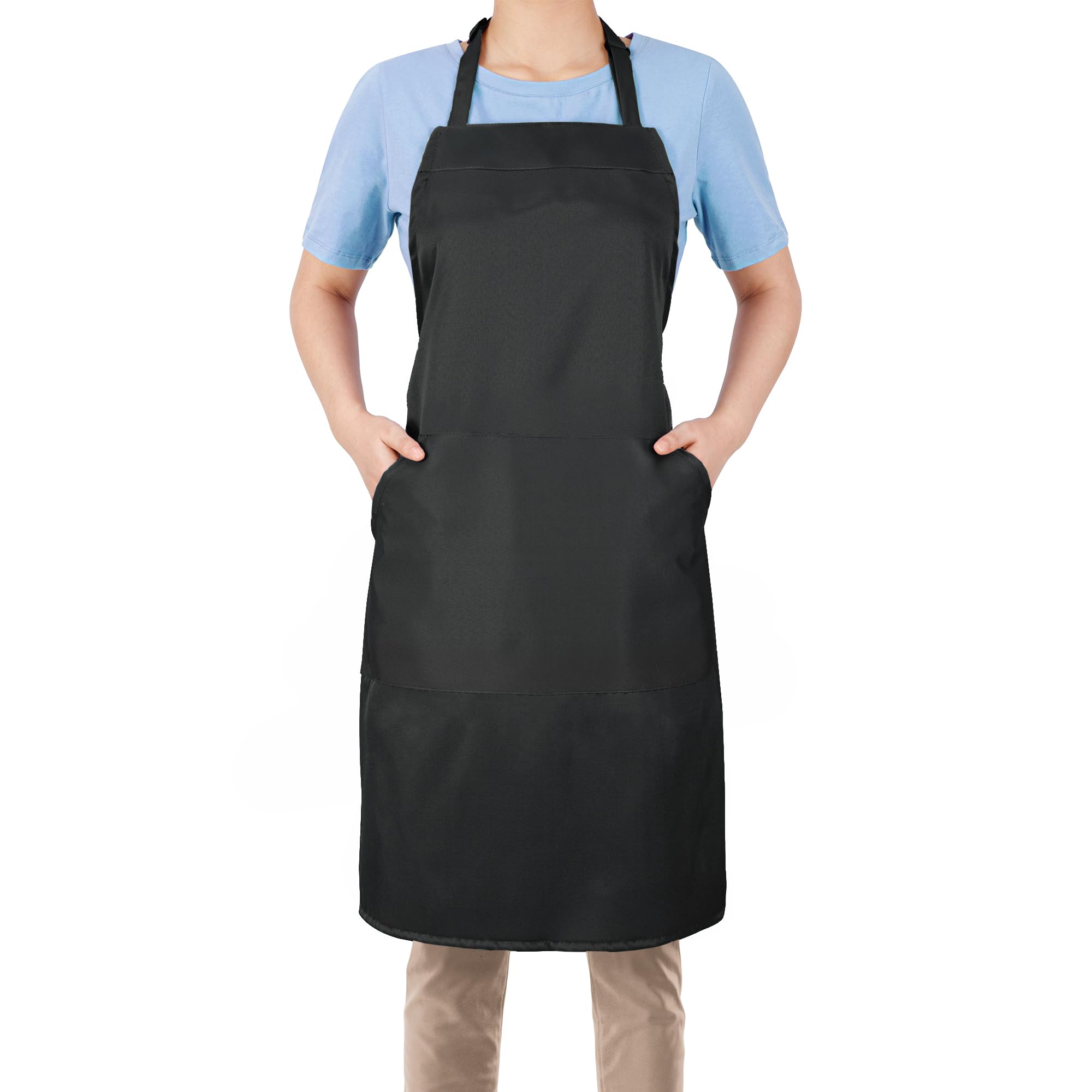 Delantal de cocina para hombre y mujer - Delantal negro ajustable con 1 bolsillo grande - 80 % poliéster + 20 % algodón - para cocinar, hornear, limpiar y más