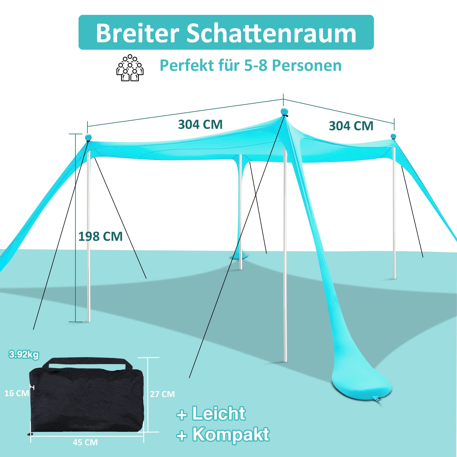 Strandzelt UV Schutz Sonnensegel 3 × 3m Outdoor-Schatten Camping Angeln Picknick Seegrün
