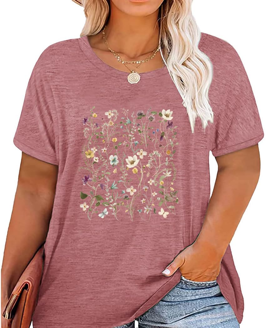 GeLivable Women Short Sleeve Plus Size O-Neck Vintage Flower Botanical Graphic Printed Shirt Casual Top Tshirt Tunics