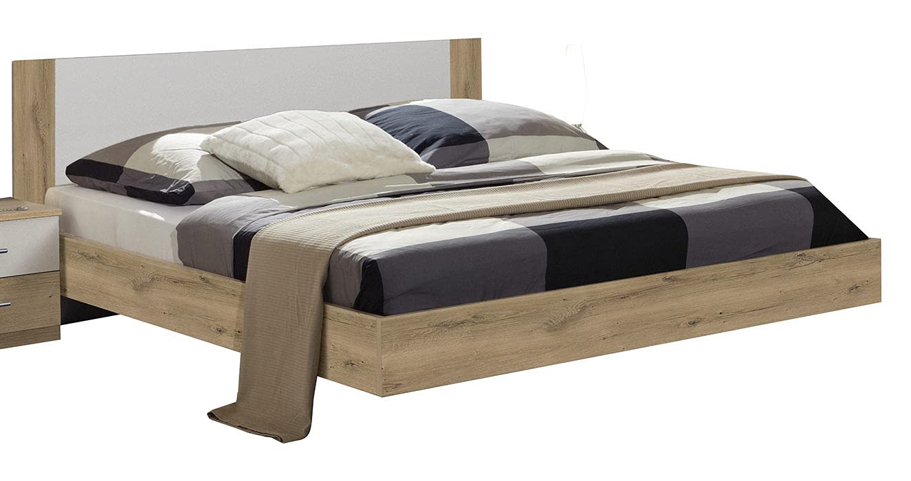 PEGANE Lit Adulte Double + 2 chevets Coloris Imitation chêne Poutre/Blanc - Longueur 149 x Profondeur 210 x Hauteur 80 cm
