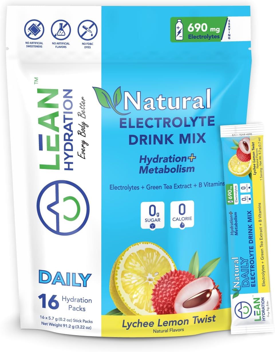 Daily Natural Electrolyte Packets Drink Mix | Zero Calories, Zero Sugar Plus Vitamins, Minerals & More | 16 ct (Lychee Lemon Twist)