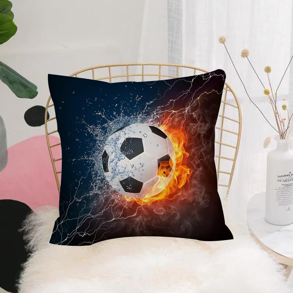 HYOSXW Cushion Cover,Throw Pillow Case Home Decorative for Living Room Bedroom Sofa Chair 16X16 Inch,dynamic soccer image with water, fire and lightning effects, football surrounde,Pillowcase 40X40cm