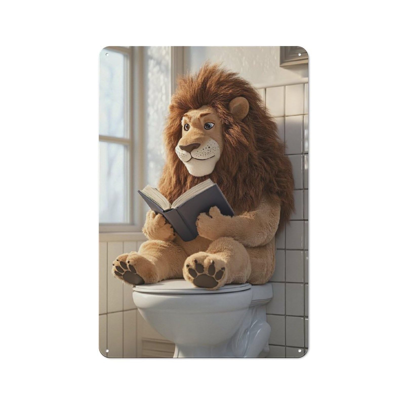 Junmoney Style-13 Metal Wall Sign 30X20cm Featuring Lion Reading Book On Toilet For Hallway Wall, For Hallway Decor Lovers, For Retro Home Interiors