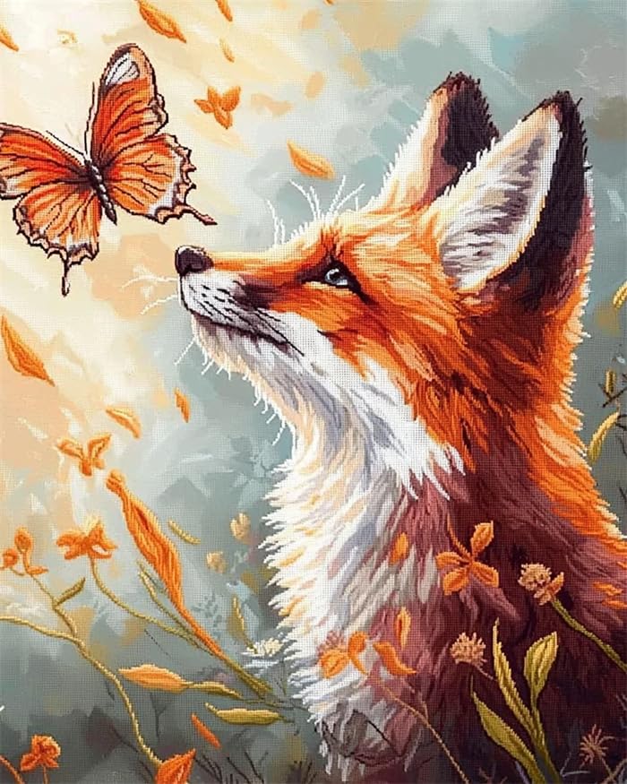 AxiangziK animal Punto de Cruz Kit Completo,Zorro admirando una mariposa,Bordado Kit de Bordado Contado Impreso para Adultos Niños Principiantes navidad,regalos,40x50cm