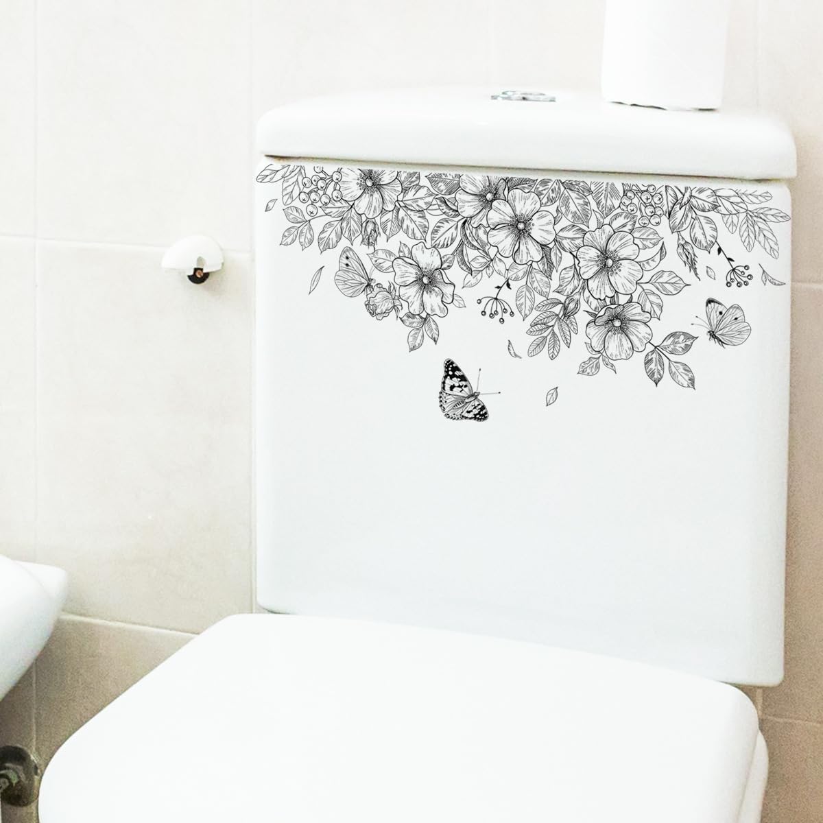 Plain Flowers Toilet Stickers Black White Butterfly Sticker Toilet Cover Decor Decals Bathroom Wall Sticker Decoration Toilet Seat Lid Decal Removable Waterproof WC Restroom Wall Art Murals