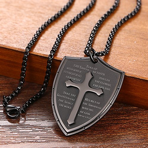 Cupimatch Men Shield Armor Of God Ephesians 6:16-17 Faith Cross Necklace, Stainless Steel Pendant Necklace,Black #TOP1