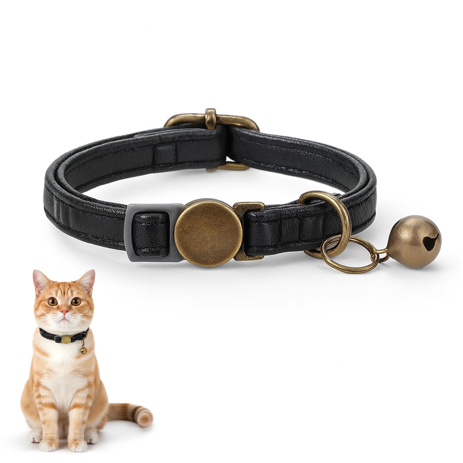 Nymora Cat Collar with Bell Holder - Personalized Leather Collar Tag, Adjustable Breakaway Safety Collar for Cats, Kittens & Small Dogs, Black