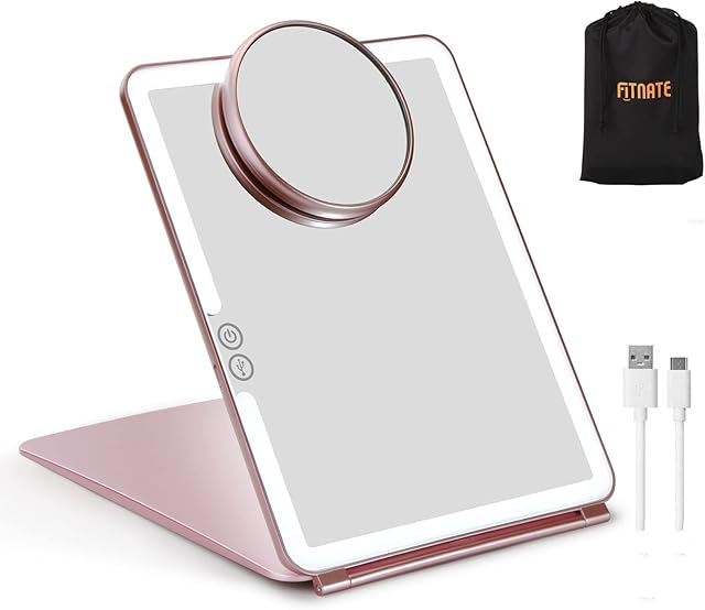 Fitnate LED Makeup Mirror for Travel, Portable Vanity Mirror Compact, Portable, Rechargeable, lluminated Mirror Perfect for Travel, Makeup & Beauty Needs Gift Pack Rose Gold, 3X Magnifier,Large