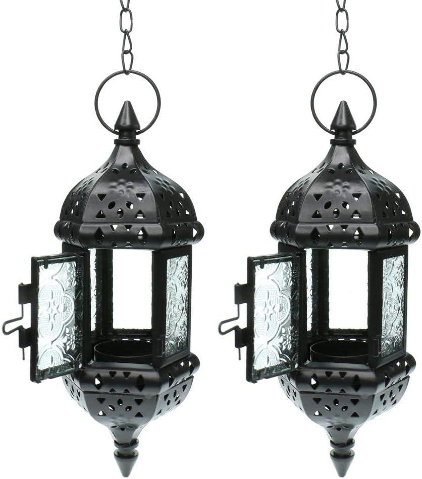 GKanMore 2Pcs Hanging Candle Lantern Retro Moroccan Candle Holder Hollow Metal Glass Candle Holder Lantern with 15.7" Hanging Chain for Home Patio Christmas Decorations (Black, Pack of 2)