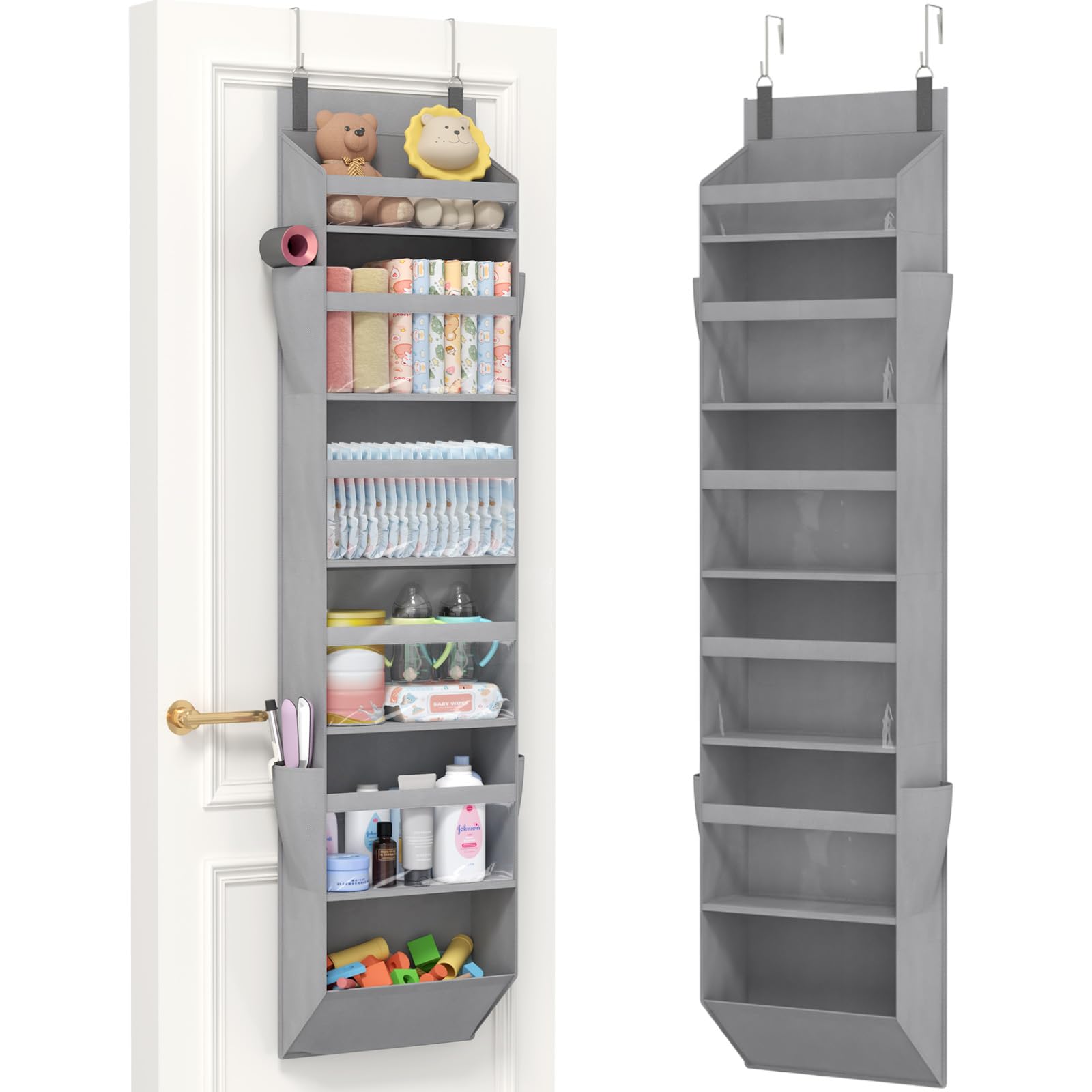 Lifewit Over the Door Storage, Clear Hanging Organiser with 4 Side Pockets, Anti Tilt 40 lbs Load Behind Door for Dorm, University Essentials, Room, Bedroom, Nursery, 6 Section, Light Grey