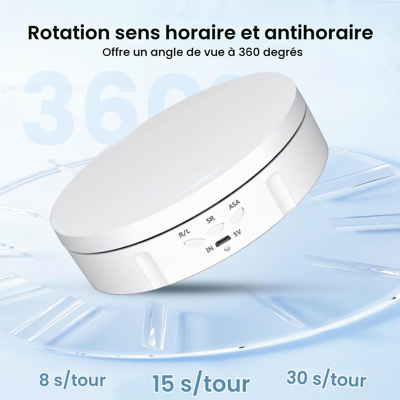 Plateau Tournant Electrique, Direction et Vitesse à 360 Degrés Réglables Tournante Rotative Électrique, Charge de 10KG Automatique Support Rotatif Motorisé Rechargeable avec 5 Panneaux de Fond