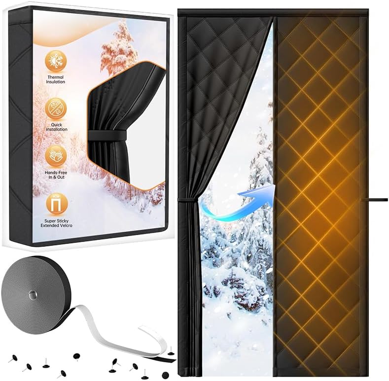 冬用磁気断熱ドアカーテン ドアサイズ32インチ x 80インチ、一時的な断熱ドアカバー、厚手の綿、窓断熱キット スライドガラスの出入