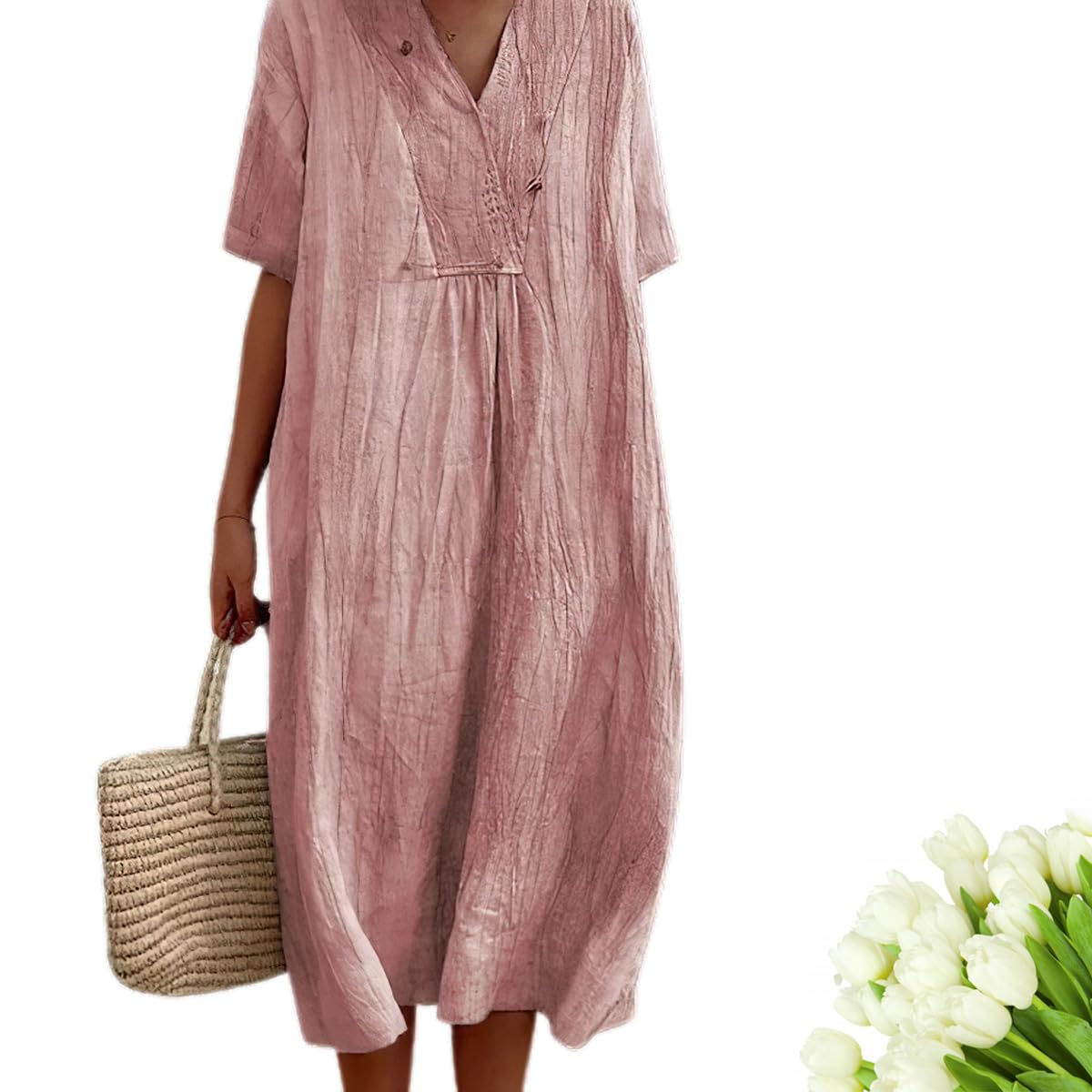 GAMIRA Vestido Suelto de Manga Corta con Cuello en V de Color sólido, Vestidos de Lino de algodón de Verano, Ocultar Grasa Abdominal para Mujeres