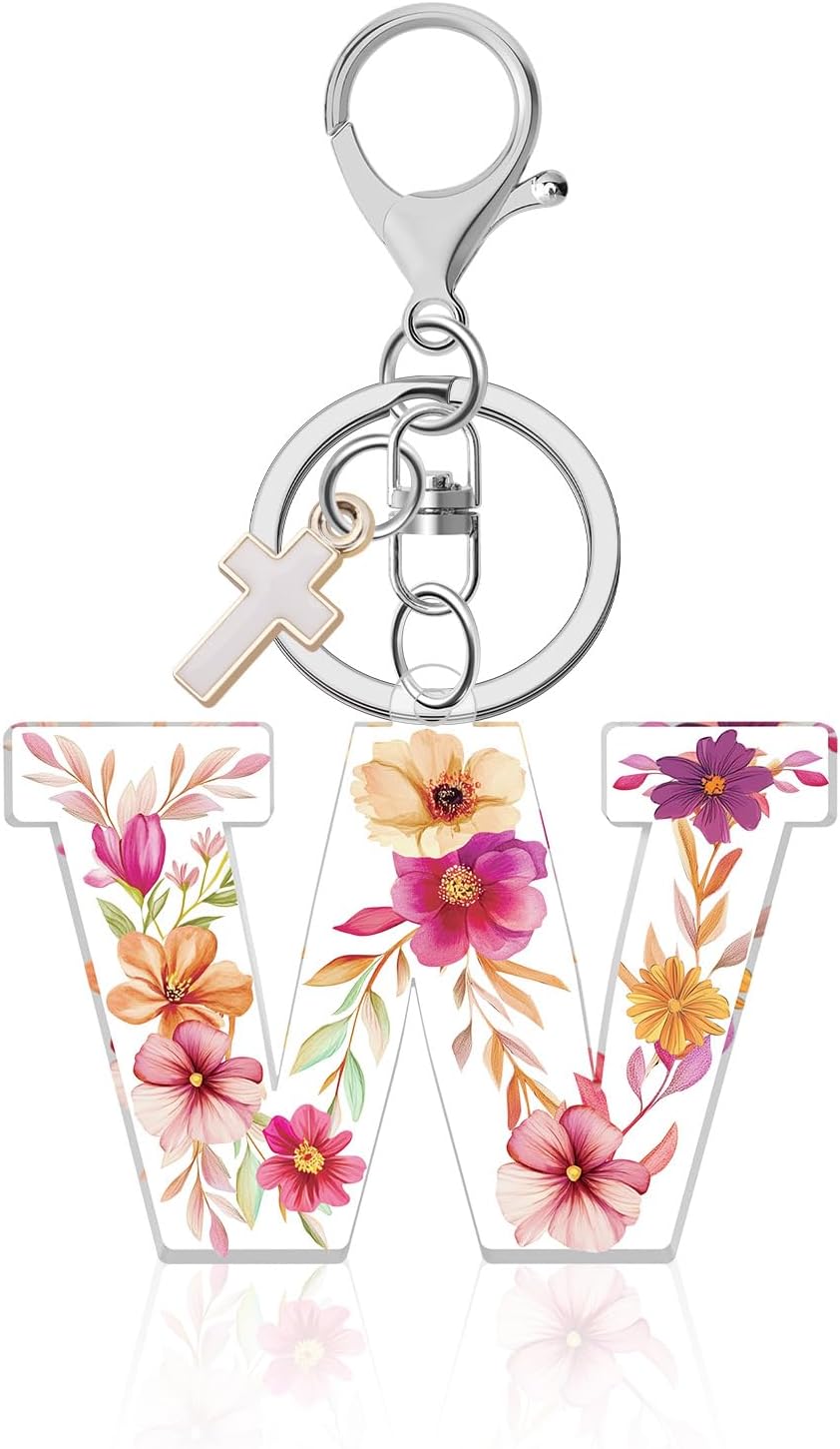 Initial Letter Keychain with Cross Pendant, A-Z Alphabet Monogram Key Chains, Acrylic Key Ring for Car Key Purse Backpacks(Letter W), Pink, Medium