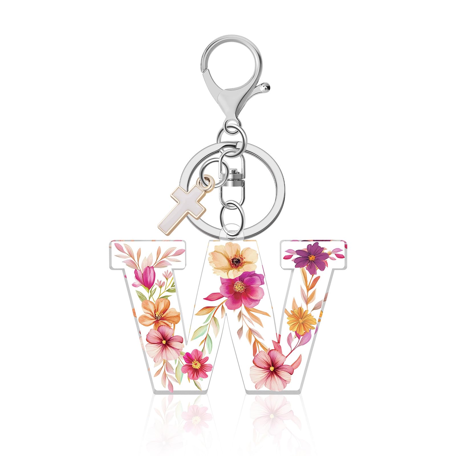 Initial Letter Keychain with Cross Pendant, A-Z Alphabet Monogram Key Chains, Acrylic Key Ring for Car Key Purse Backpacks(Letter W), Pink, Medium
