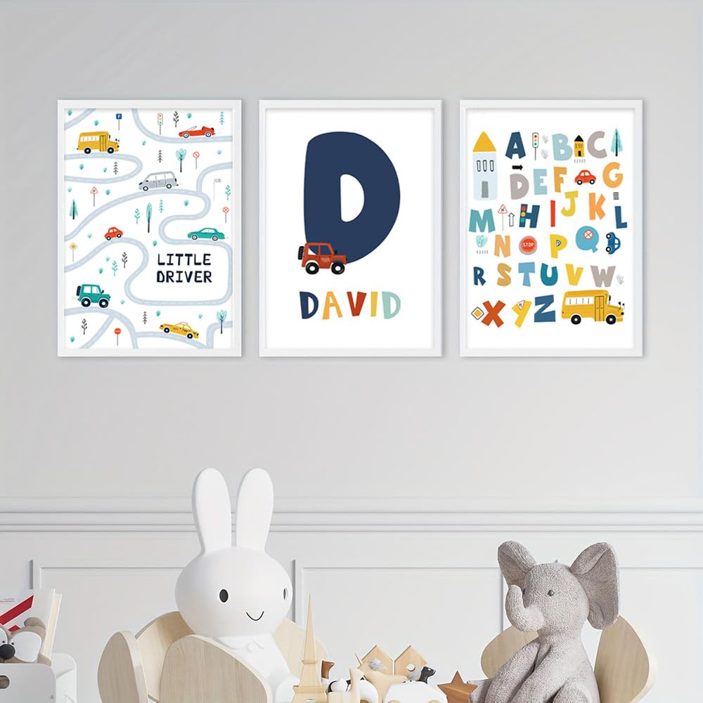 3 Laminas Personalizadas Bebe Niño 30X40CM Poster Alfabeto ABC Cuadros Habitacion Infantil Coche Lienzo Decorativo Bebe Laminas Infantiles Para Habitacion Niño Cuadros Coche sin Marco