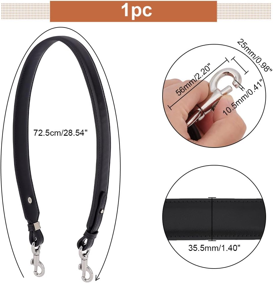 PH PandaHall Short Bag Strap, 28.5 Inch (72.5cm) Purse Strap 1.4 Inch Wide Leather Replacement Shoulder Strap with Sliver Metal Clasps for Women DIY Underarm Bag Crossbody Shoulder Bag Handbag, Black - Image 2