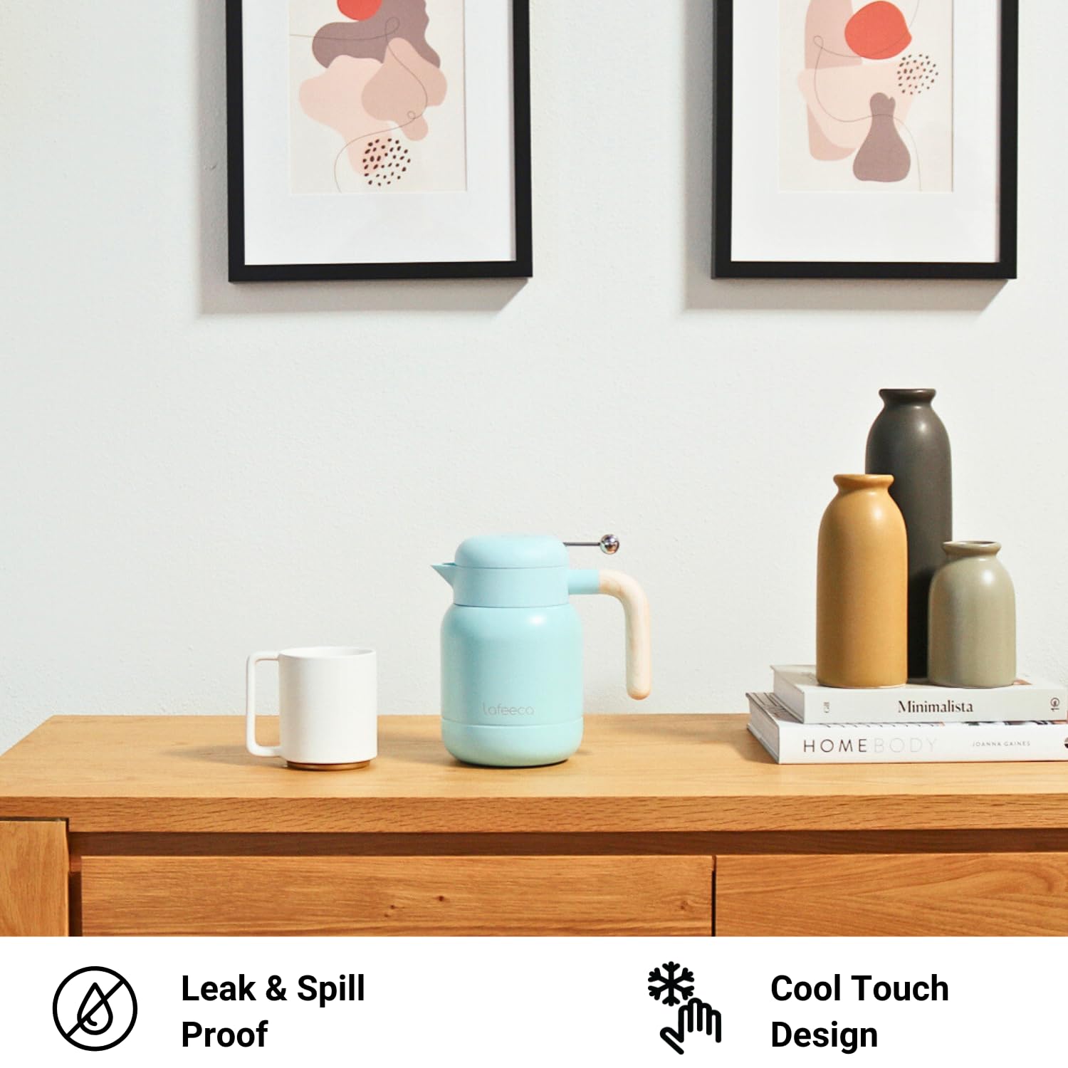 Aura - Jarra térmica de café para mantener el calor y el frío helado, aislada al vacío, jarra de agua termo, dispensador de bebidas, mango y tapa de tacto frío, sin BPA, 1 litro, color azul