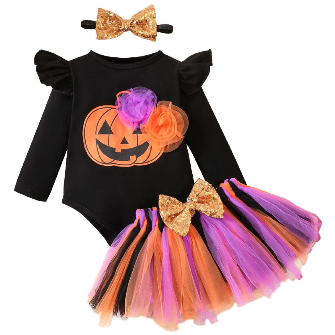 DaceStar Costume Halloween Neonata, Il Mio Primo Vestito Halloween Neonata, Pagliaccetto Zucca Bambino+Gonna Tutu+Calze Lunghe+Fascia, Costume Bambina 0-18 Mesi