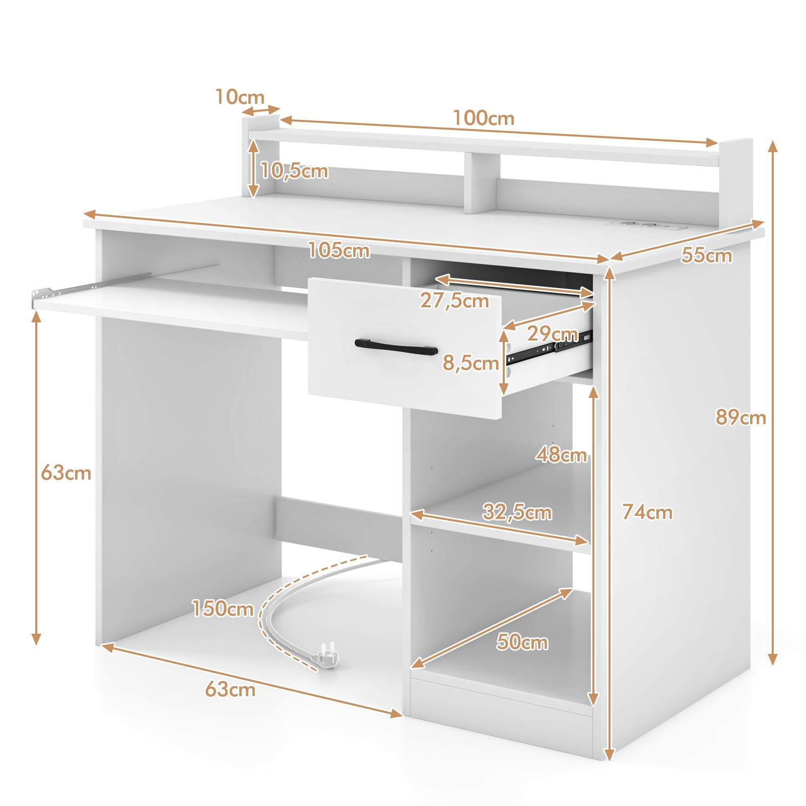 LIFEZEAL Computertisch mit Tastaturauszug, Schreibtisch Holz mit Steckdose & Ladestation, Bürotisch mit Ständer, PC Tisch für Arbeitzimmer Büro homeoffice (weiß)