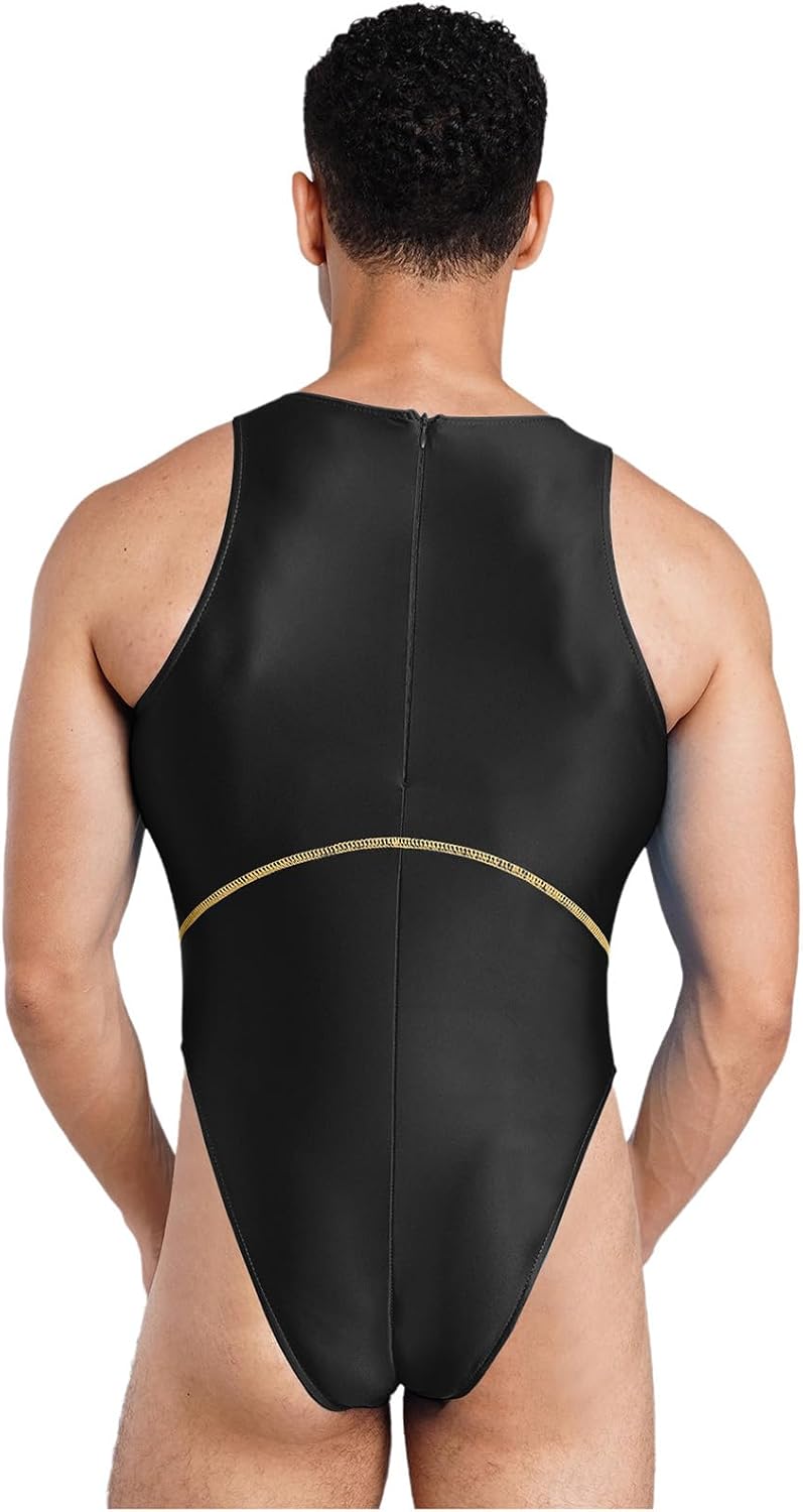 Men Competitive Training Suit Sporty Swimwear Bodysuit | Oil Glossy,Sleeveless,Spandex Tight,Surf Suit,Contrast Curve Piping Design,High Cut Leg Bodysuit,Sleepwear,Japanese Swimwear