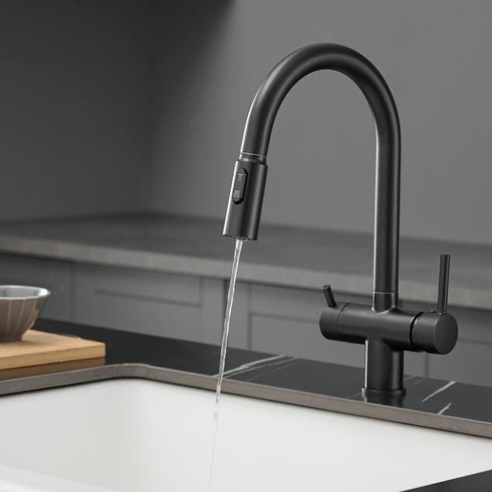 Grifo de Cocina Osmosis 3 Vias Extraible Latón 2 Manijas Grifo 3 Vias Osmosis Giratorio Orificio Único-Negro