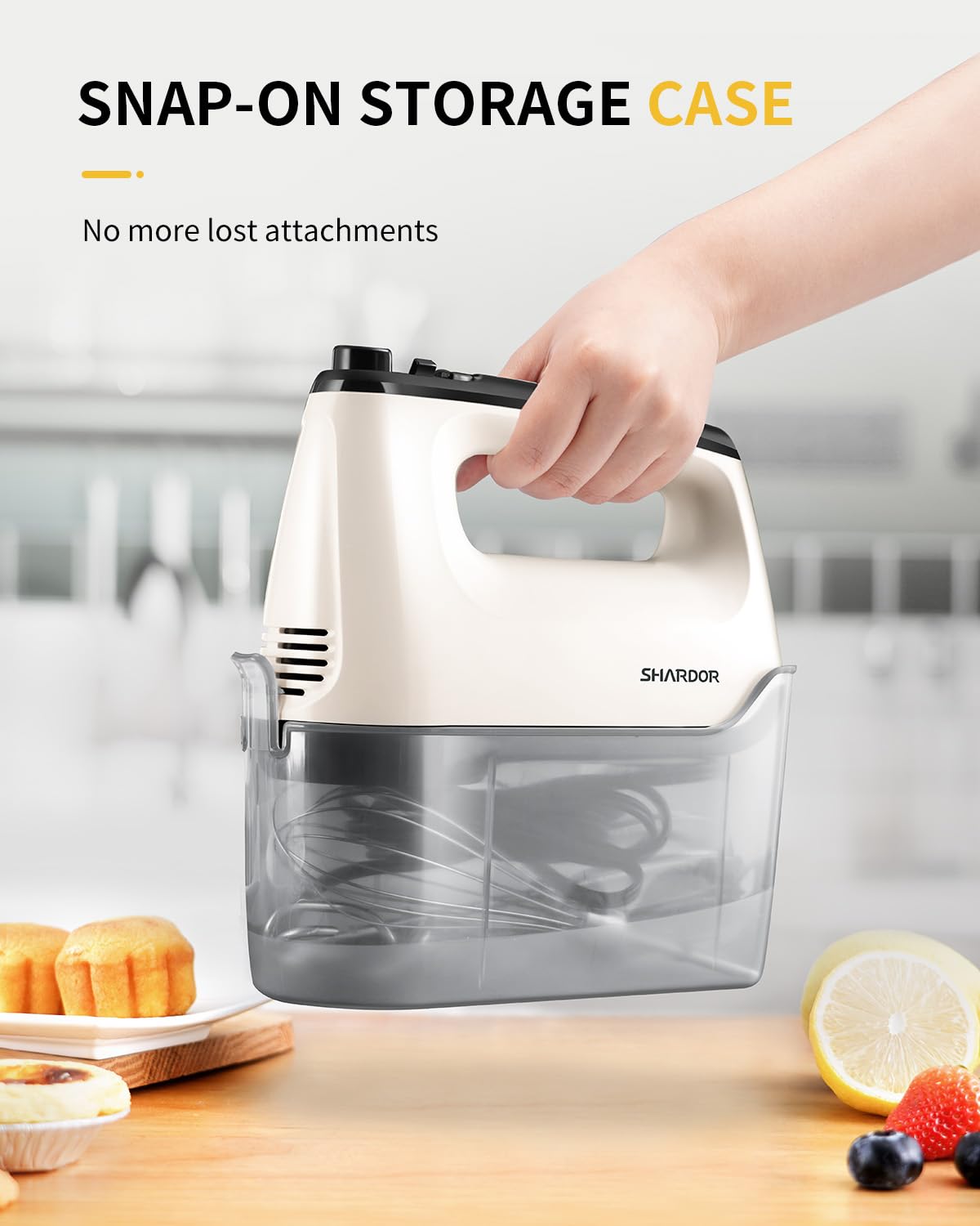 SHARDOR Batteur électrique à main 6 vitesses et turbo avec 5 accessoires en acier inoxydable, mélangeur électrique pour fouetter, mélanger les cookies, brownies, gâteaux, pâtes à pâte, étui de
