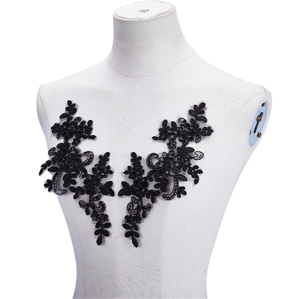 HOBBIESAY 8Pcs Flower Embroidery Sequin Lace Applique Black Polyester Floral Patch Sewing Craft Decoration Appliques Repair Patches for Wedding Dress Gown Bodice Costume Clothing Craft DIY