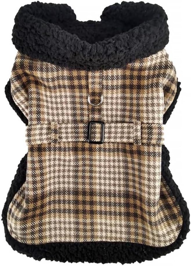 Sherpa-Lined Dog Harness Coat (Medium, Brown & White Plaid)