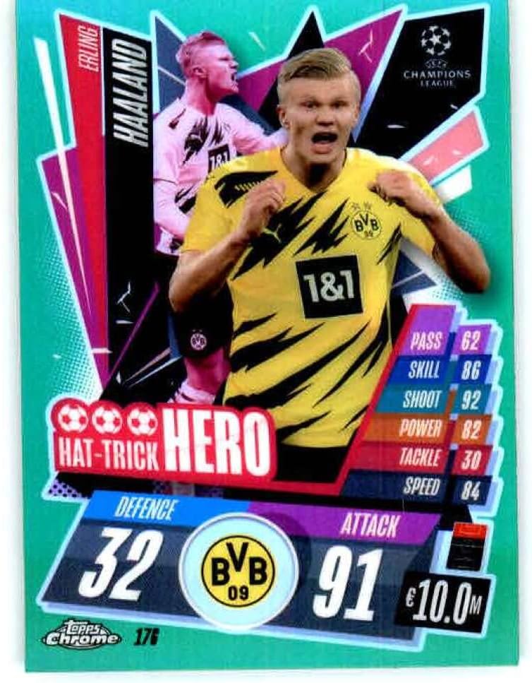 2020-21 Topps Chrome Match Attax UEFA UCL League Green Refractor #176 Erling Haaland Hat-Trick Hero /99 Borussia Dortmun Soccer Trading Card