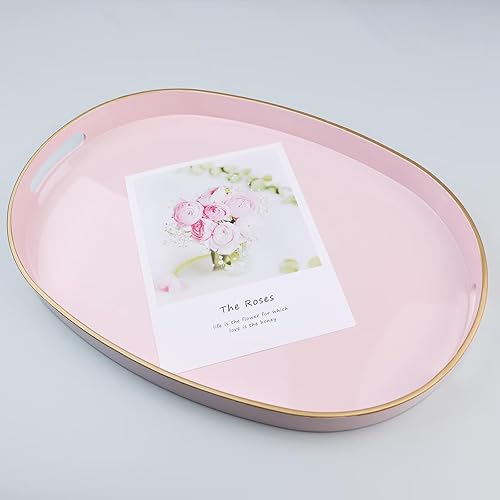 Miniatura 5 de Bandeja decorativa ovalada rosa con asas, bandeja versátil para mesa de café, otomana, ideal para servir, exhibir, organizar, 15.3 x 10.6 x 1.37