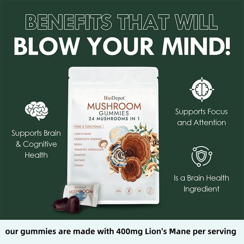 Miniatura 5 de Gomitas de múltiples hongos y suplemento 24 en 1 de apoyo diario, suplemento cerebral nootrópico que aumenta la memoria, la concentración, la