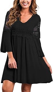 Sponsored Ad - ZANZEA Women's Vintage Floral Lace V Neck 3/4 Bell Sleeve Cocktail Wedding Party A-line Swing Casual Mini D...