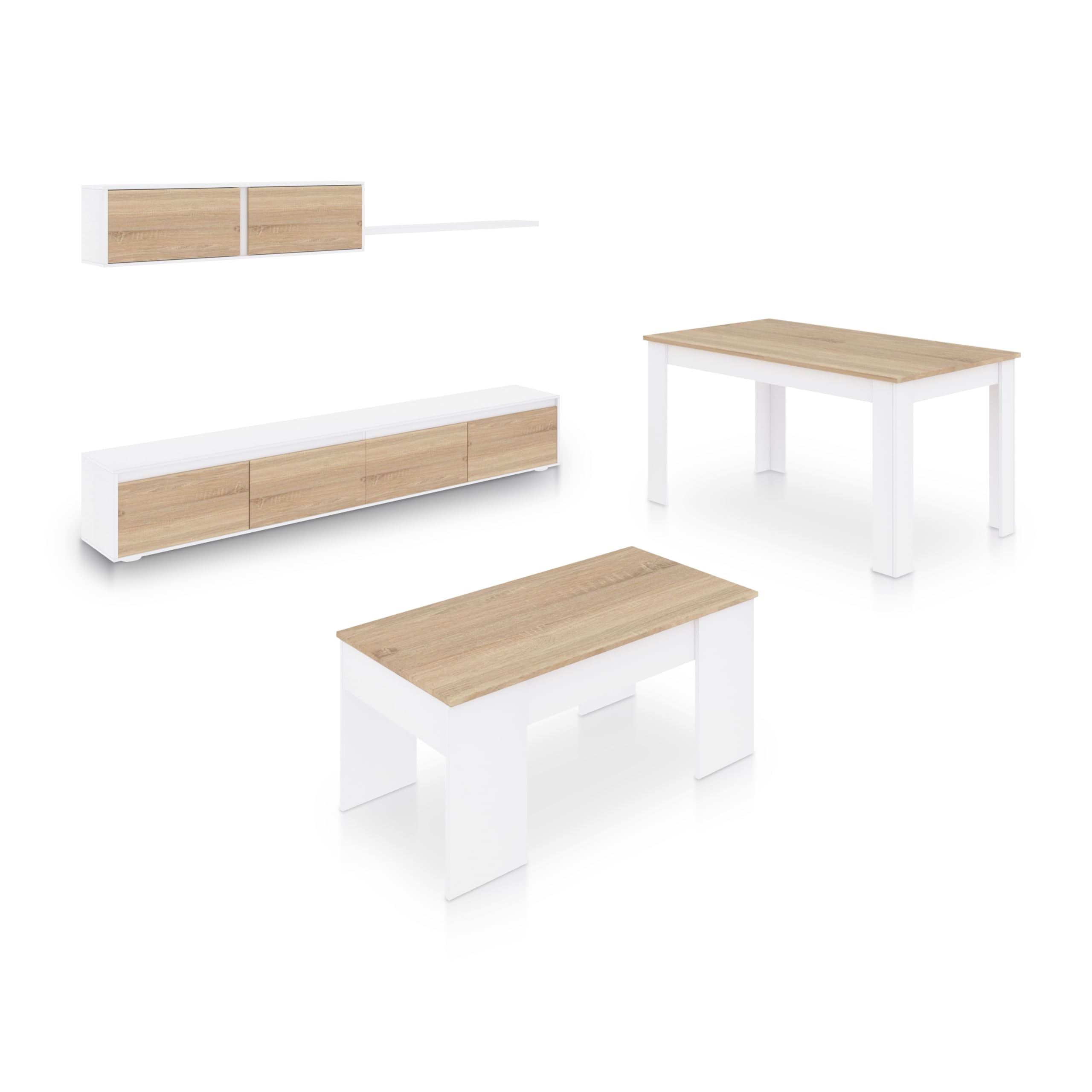duehome | Pack de Salon con Modulo TV + Mesa de Centro Elevable y Mesa de Comedor, Conjunto de Salon, Modelo Arlet MAX V2B, Acabado en Blanco Artik y Roble Canadian
