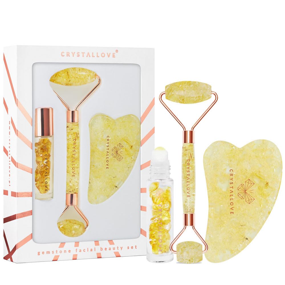 CRYSTALLOVE Zitrone-Bernstein Gesichtsroller Set + Gua Sha Stein + Rollon Ölkristalle 10 ml mit Aventurin - Gesichtsmassage Set für Gesicht, Augen - Massagegerät - Massagewerkzeug