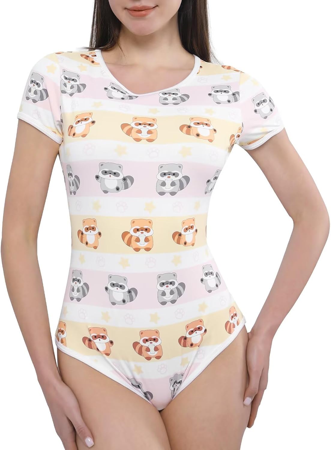 Landofgenie Womens Adult Onesie Crotch Snap Buttons Bodysuit Short Sleeve Cartoon Print One Piece Pajama Raccoon