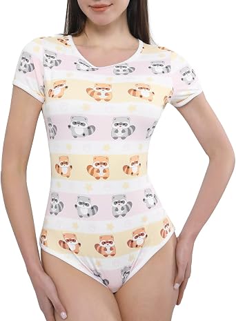 Landofgenie Womens Adult Onesie Crotch Snap Buttons Bodysuit Short Sleeve Cartoon Print One Piece Pajama Raccoon