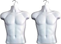 Vista 20 de DisplayTown Maniquí masculino con espalda hueca y cuerpo apilable con ganchos para colgar para exhibición de camisetas, encimera, ferias de Blanco