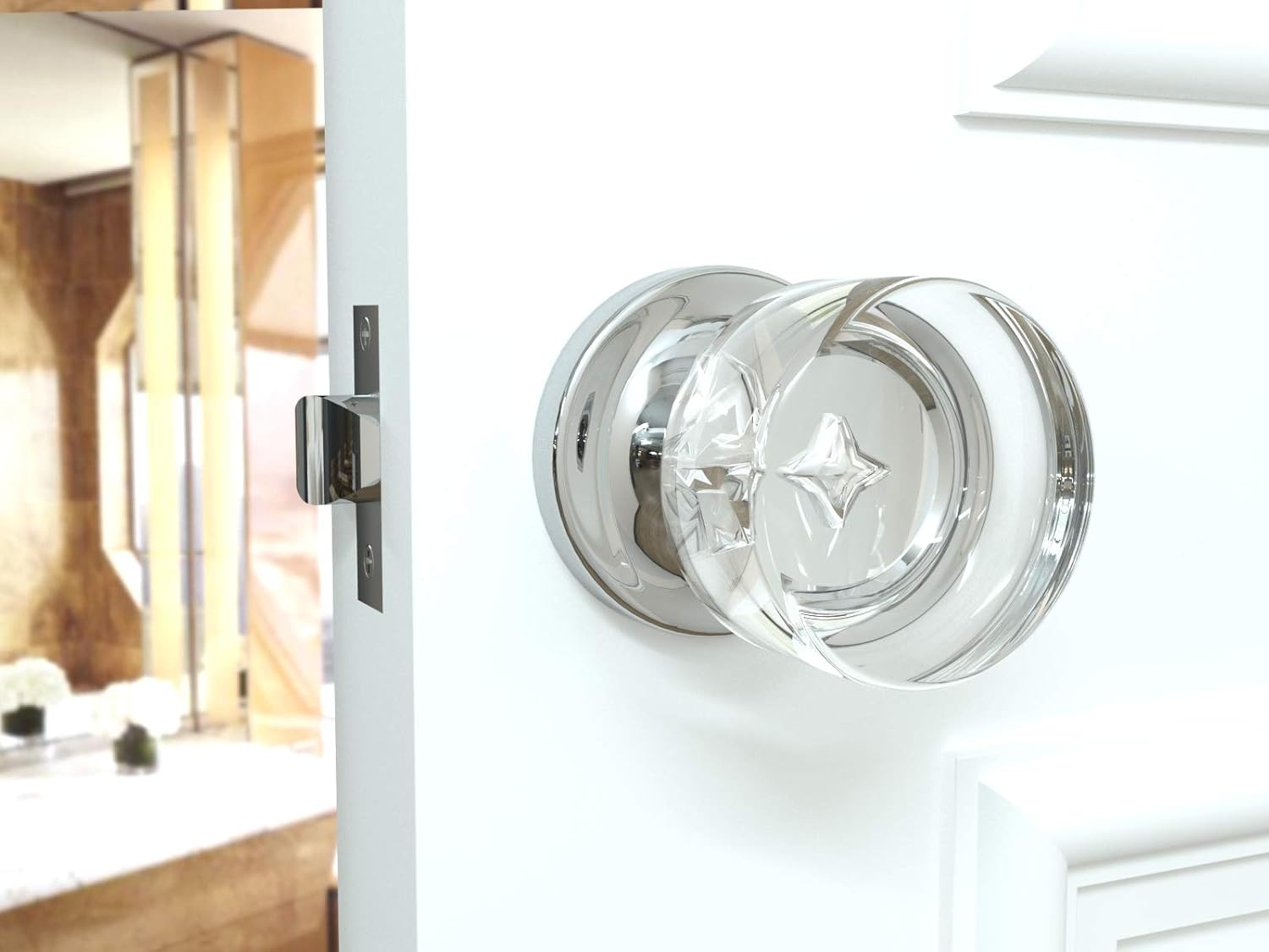 (6 Pack) Privacy Round Crystal Door Knobs Chrome Round Rosette